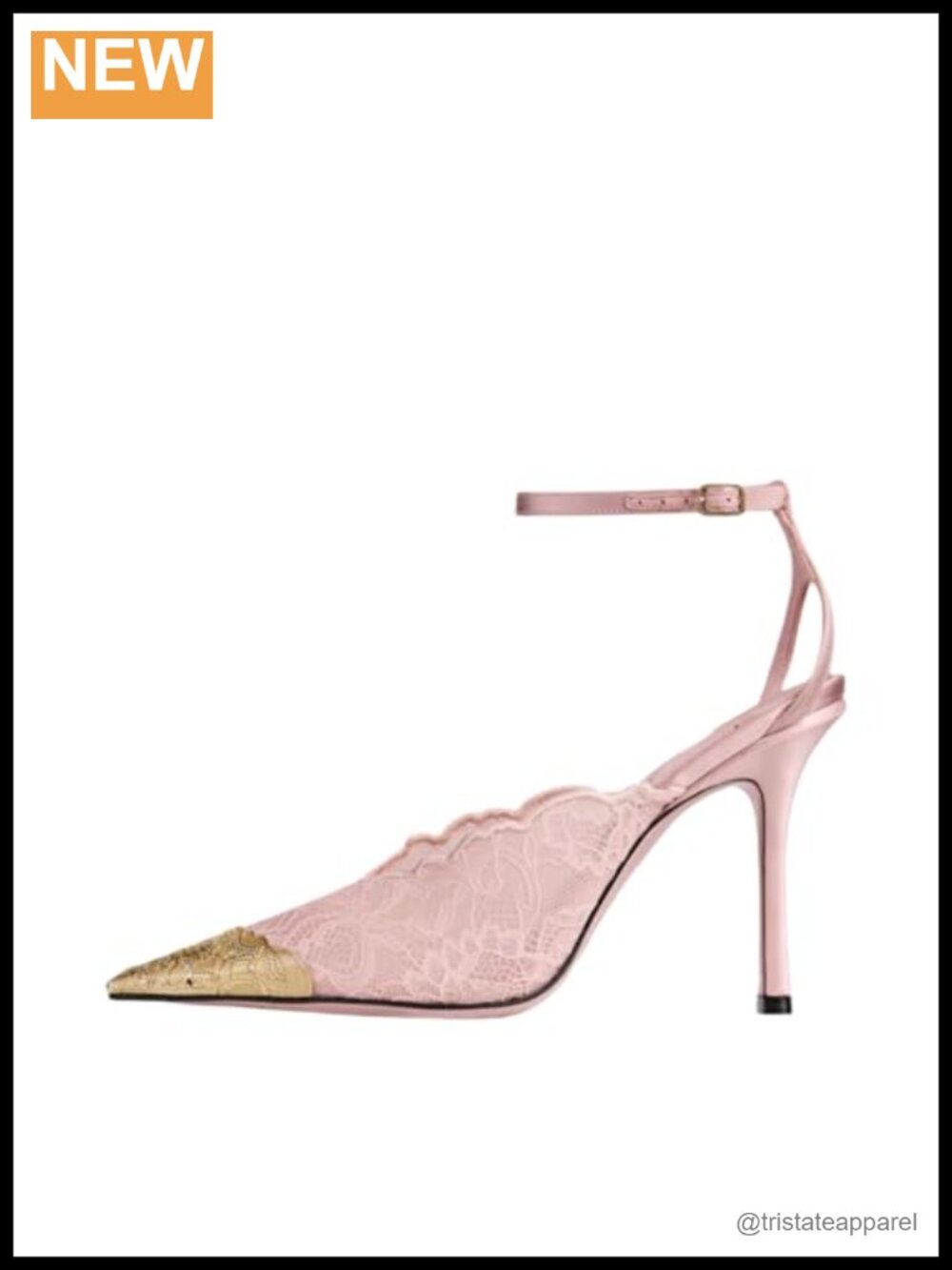 Mesh Floral Embroidered Slingback Heels Metal Toe Studded Pointed Kitten Heel